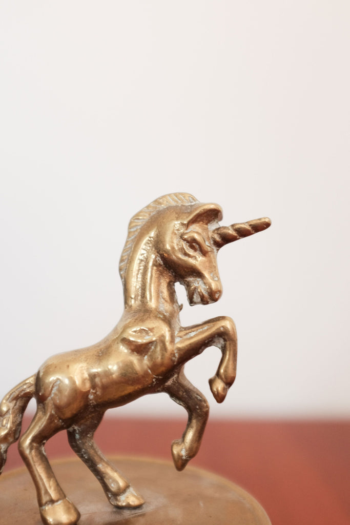 Mid century american modern brass unicorn sculpture on square base