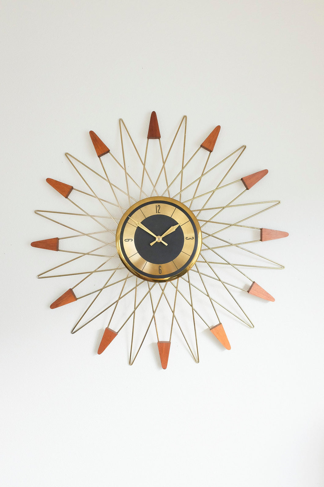 Starburst Clock - Wood / Brass accented Starbursts, Welby a Division of Elgin - Made in Germany