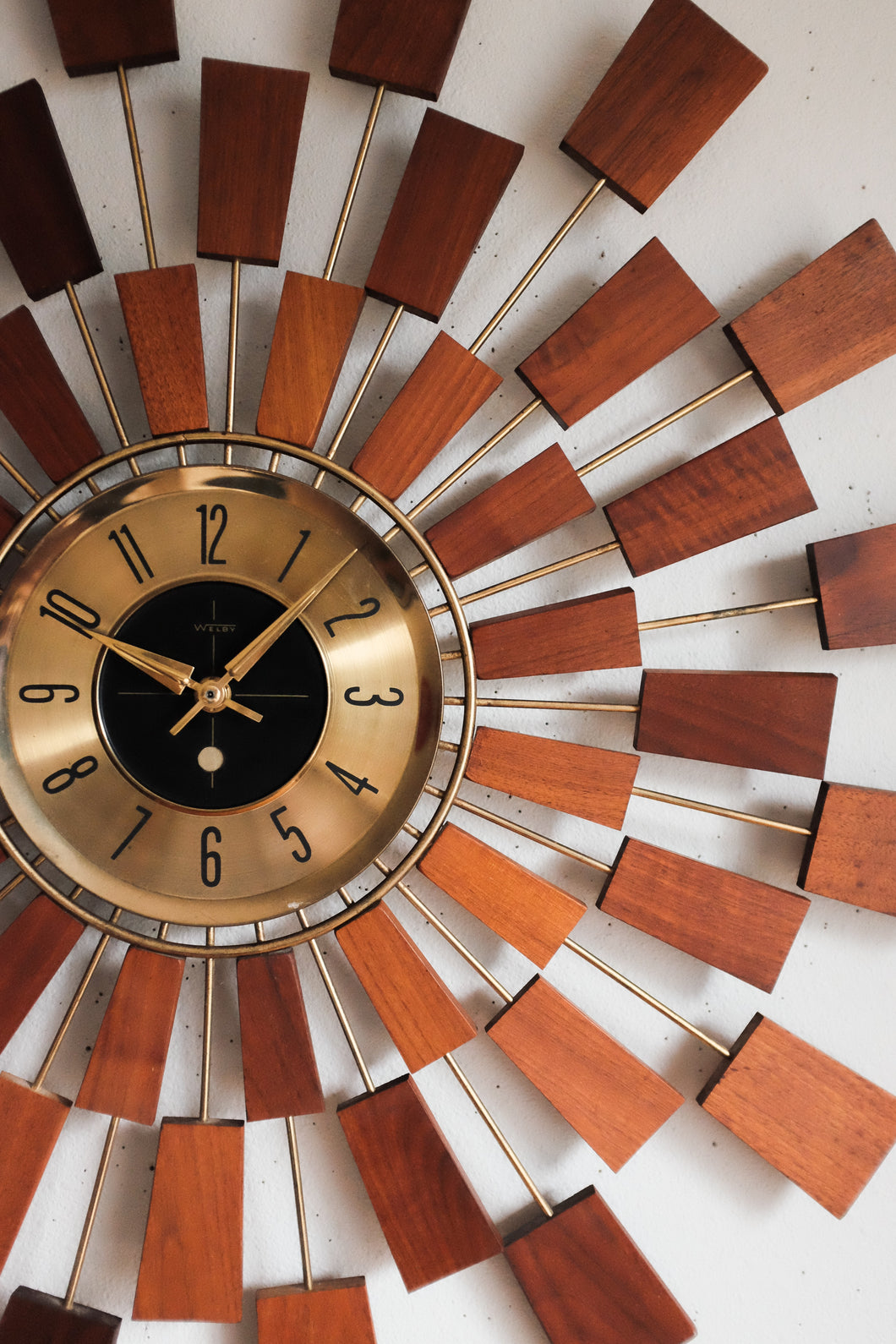 Vintage Mid Century Welby Starburst Clock - Wood / Brass accented