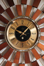 Vintage Mid Century Welby Starburst Clock - Wood / Brass accented starbursts, brass clock face.