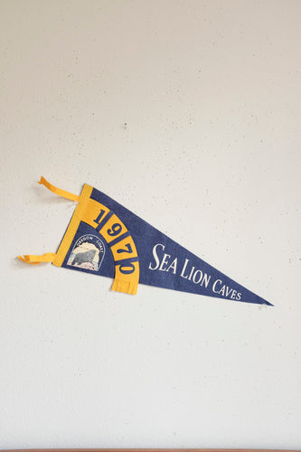 Vintage 1970 Pennant Oregon Coast Sea Lion Caves Blue and yellow
