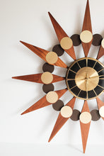 Vintage Mid Century Welby Starburst Clock - Original Walnut Wood Starbursts +Black on Brass Face