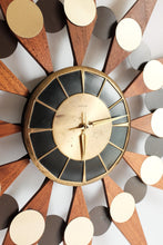 Vintage Mid Century Welby Starburst Clock - Original Walnut Wood Starbursts +Black on Brass Face