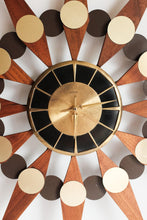 Vintage Mid Century Welby Starburst Clock - Original Walnut Wood Starbursts +Black on Brass Face