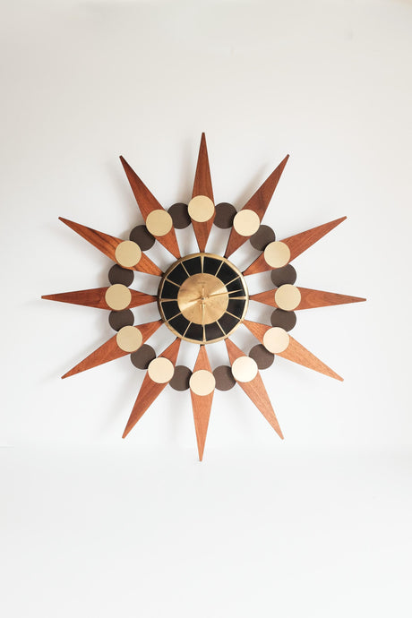 Vintage Mid Century Welby Starburst Clock - Original Walnut Wood Starbursts +Black on Brass Face