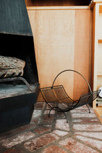 Mid Century Fireplace Log Holder / Magazine Rack - metal mesh brass handle - atomic era, MCM home decor