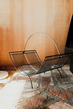 Mid Century Fireplace Log Holder / Magazine Rack - metal mesh brass handle - atomic era, MCM home decor
