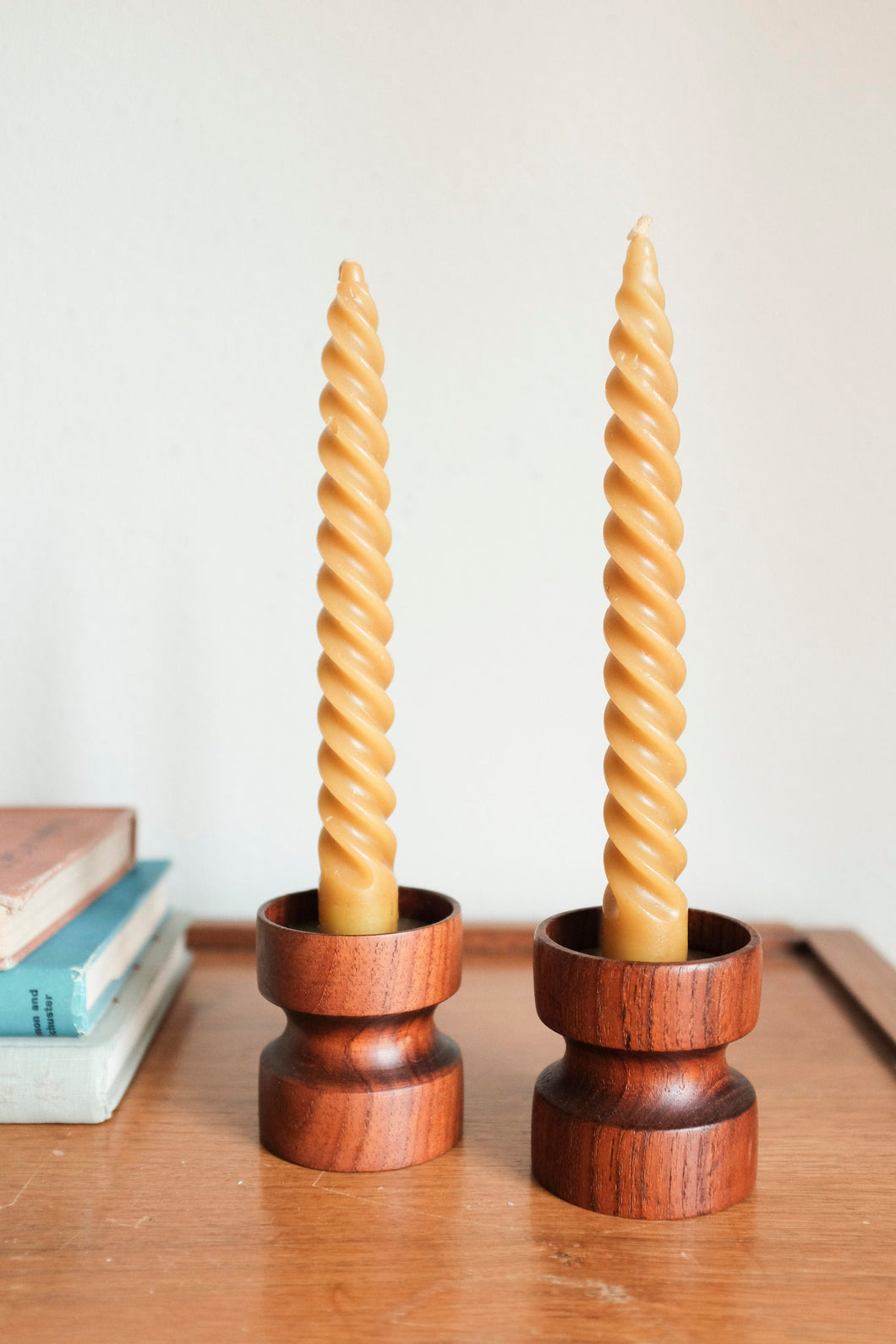 Mid Century Danish Candle Holders , Sculptural Beautiful Wood Grain, Turned Walnut,