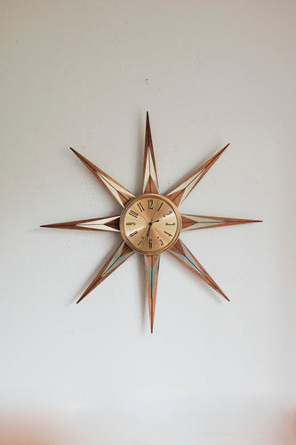 Vintage Mid Century Elgin Welby Starburst Clock - Wood / Brass accented starbursts, brass