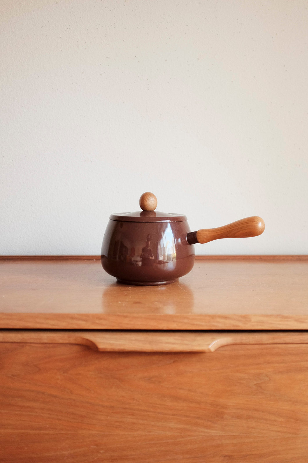 Brown Enamel Pot with lid with wood handle