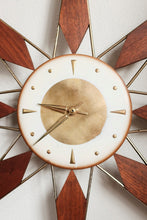 Vintage Mid Century Welby Starburst Clock - Wood / Brass accented starbursts, brass / black clock face / Beautiful working condition