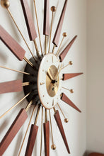 Vintage Mid Century Welby Starburst Clock - Wood / Brass accented starbursts, brass / white clock face. Wind up