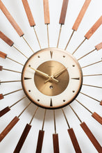 Vintage Mid Century Welby Starburst Clock - Wood / Brass accented starbursts, brass / white clock face.