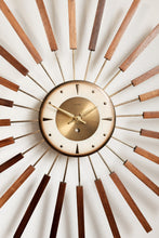 Vintage Mid Century Welby Starburst Clock - Wood / Brass accented starbursts, brass / white clock face.