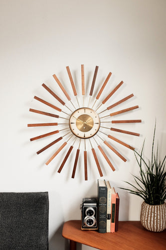 Vintage Mid Century Welby Starburst Clock - Wood / Brass accented starbursts, brass / white clock face.