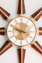 Vintage Mid Century Elgin Starburst Clock - Wood / Brass accented starbursts, brass / white clock face.