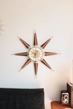 Vintage Mid Century Elgin Starburst Clock - Wood / Brass accented starbursts, brass / white clock face.