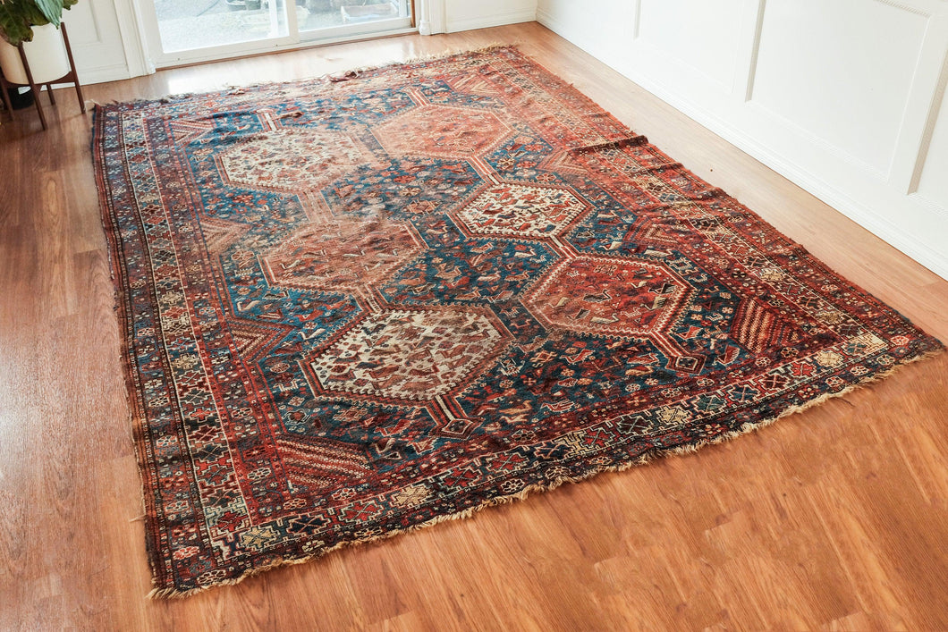 Late 19th Century Antique Persian Qashqai Khamseh Rug- 7′5″ × 10′6