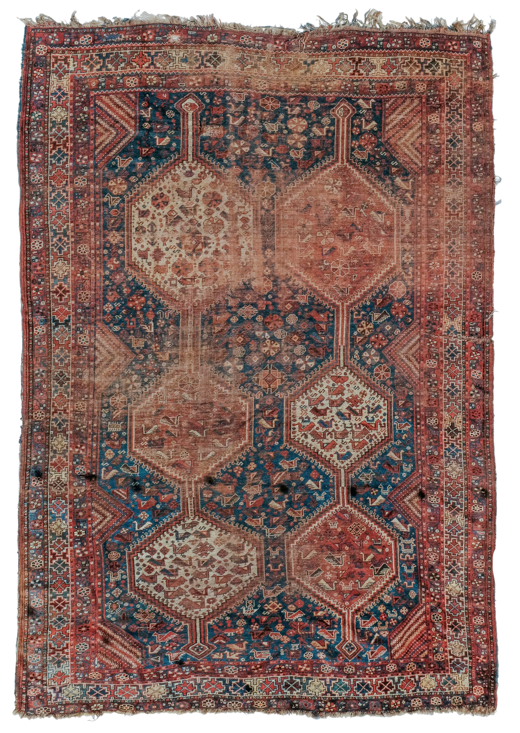 Late 19th Century Antique Persian Qashqai Khamseh Rug- 7′5″ × 10′6